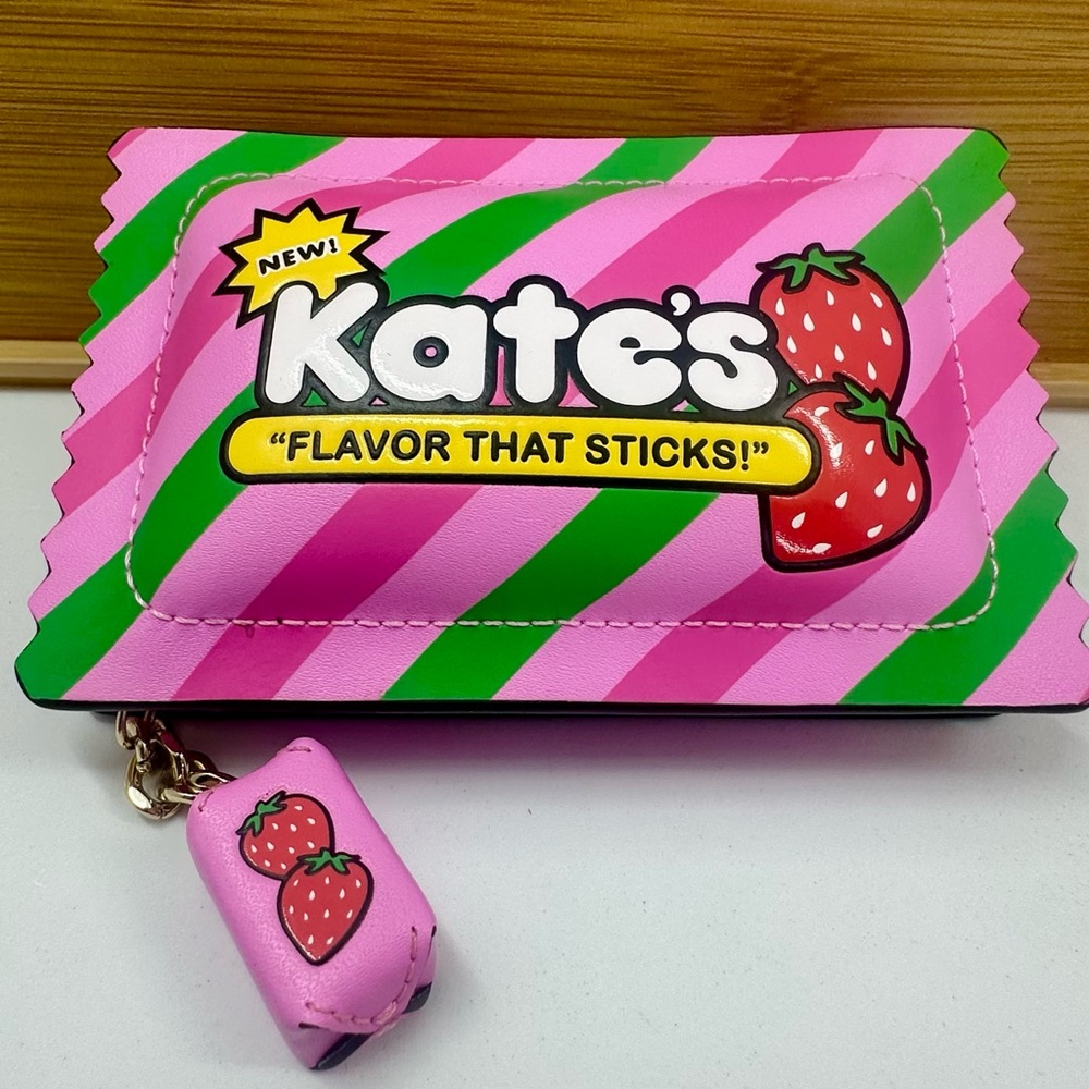 KATE SPADE Pink Green Leather Bubble Gum 3D Card Holder Coin Purse Zip Wallet